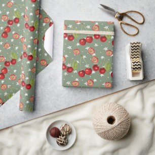 Vintage Cherry Pattern with Sage Green Background Wrapping Paper