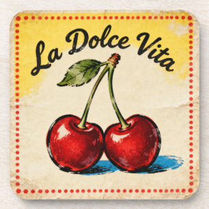 Vintage Cherry Rose La Dolce Vita Retro Aesthetic Coaster