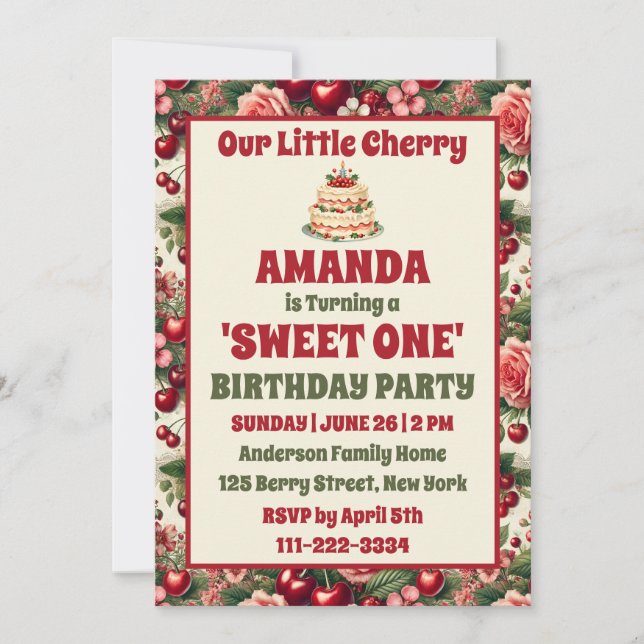 Vintage Cherry 'Sweet One' 1st Birthday Party Invitation (Front)