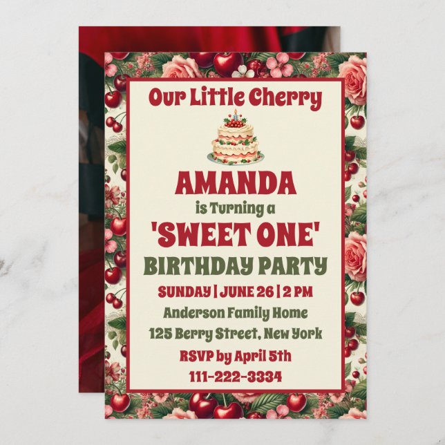 Vintage Cherry 'Sweet One' 1st Birthday Photo Invitation (Front/Back)