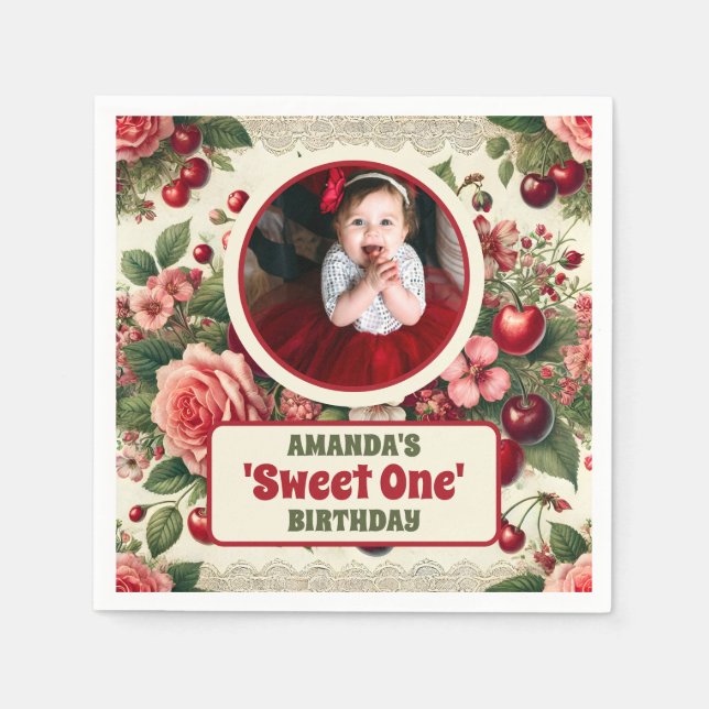 Vintage Cherry 'Sweet One' 1st Birthday Photo Napkin (Front)
