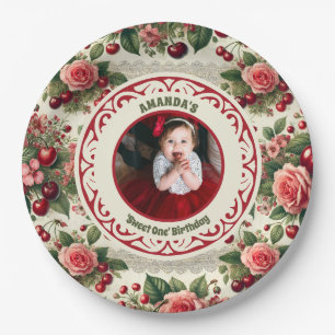 Vintage Cherry 'Sweet One' 1st Birthday Photo Paper Plate