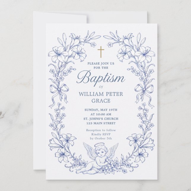 Vintage Cherub Angels Baptism Blue Invitation (Front)