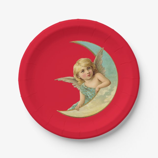 Vintage Cherub in Crescent Moon Paper Plate (Front)