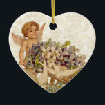 Vintage Cherub Ornament<br><div class="desc">Beautifully restored antique Valentine's Day graphic featuring a charming curly-haired winged cherub pushing a flower cart with two white doves on a cream damask background.</div>