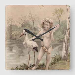 Vintage Cherub with Stork by Lake Square Wall Clock