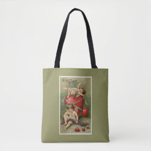 Vintage Cherubs and Valentine Hearts Green Tote Bag