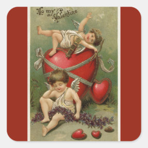 Vintage Cherubs and Valentine Hearts Red Square Sticker
