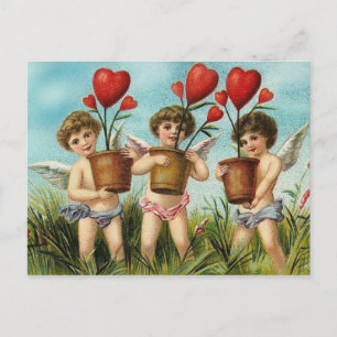 Vintage Cherubs & Heart Flowers Valentine Holiday Postcard