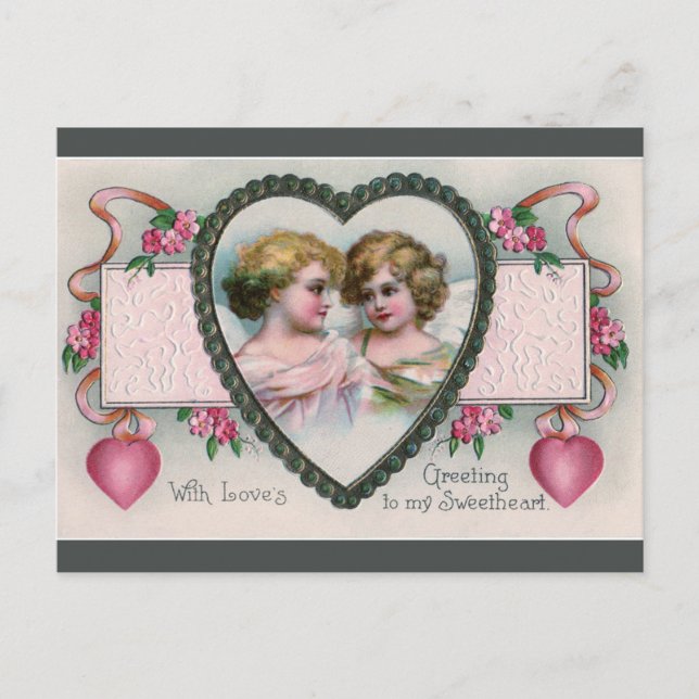 Vintage Cherubs in a Heart Frame Valentine Postcard (Front)