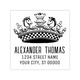 Vintage Chess Pieces Crown Name Address Self-inking Stamp