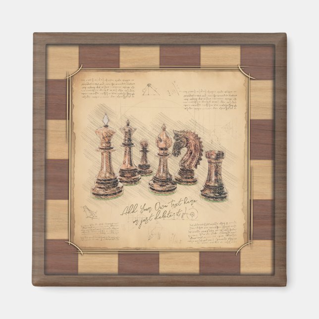 Vintage Chessboard & Chess Pieces, Player Gift Magnet (Front)