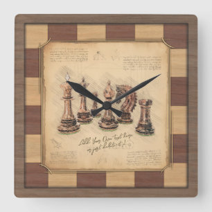 Vintage Chessboard & Chess Pieces, Player Gift Square Wall Clock