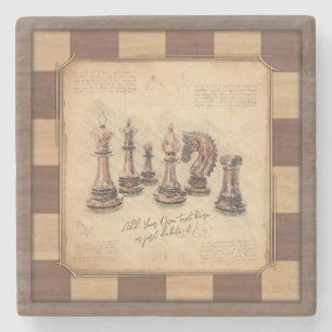 Vintage Chessboard & Chess Pieces, Player Gift Stone Coaster