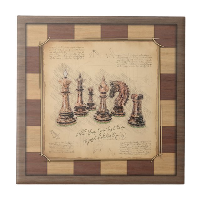 Vintage Chessboard & Chess Pieces, Player Gift Tile (Front)