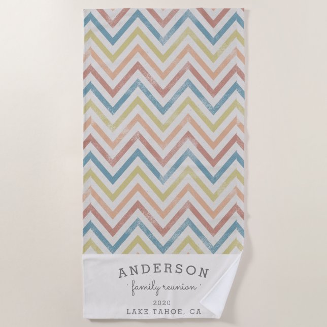 Vintage chevron family reunion personalised beach towel (Front)
