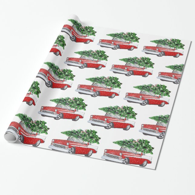 Vintage Chevy with Christmas Tree Holiday  Wrapping Paper (Unrolled)