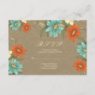 Vintage chic aqua orange cream wedding RSVP card