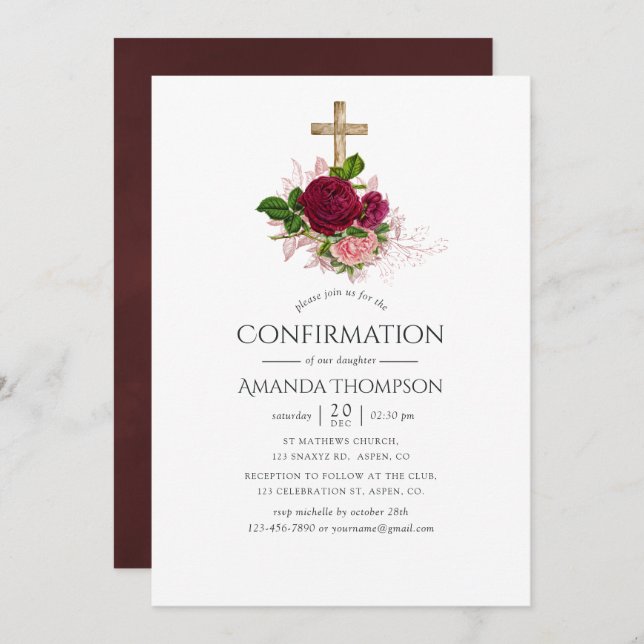 Vintage Chic Blush and Burgundy Confirmation Invitation (Front/Back)