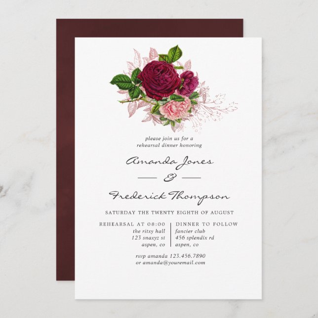 Vintage Chic Blush and Burgundy Rehearsal Dinner Invitation (Front/Back)