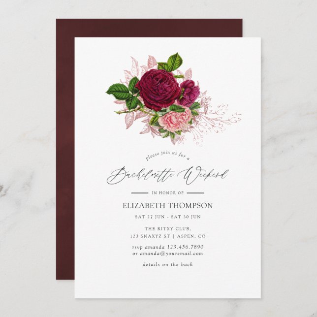 Vintage Chic Burgundy & Blush Bachelorette Weekend Invitation (Front/Back)