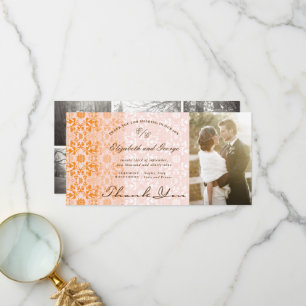 Vintage Chic Damask Lace Orange Pink Photo Wedding Thank You Card