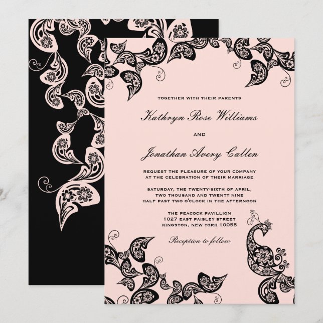 Vintage Chic Floral Black Peacock Wedding Invite (Front/Back)