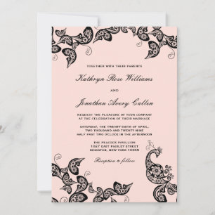 Vintage Chic Floral Black Peacock Wedding Invite