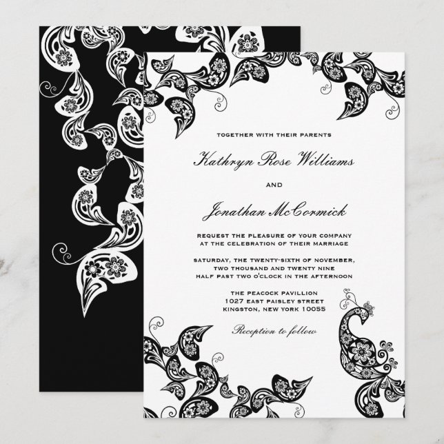 Vintage Chic Floral Black Peacock Wedding Invite (Front/Back)