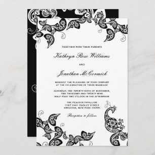 Vintage Chic Floral Black Peacock Wedding Invite