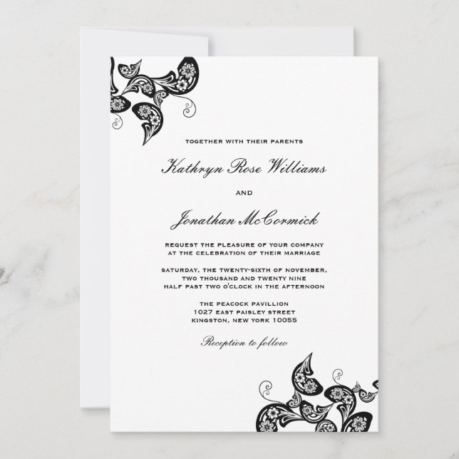 Vintage Chic Floral Black Peacock Wedding Invite (Front)
