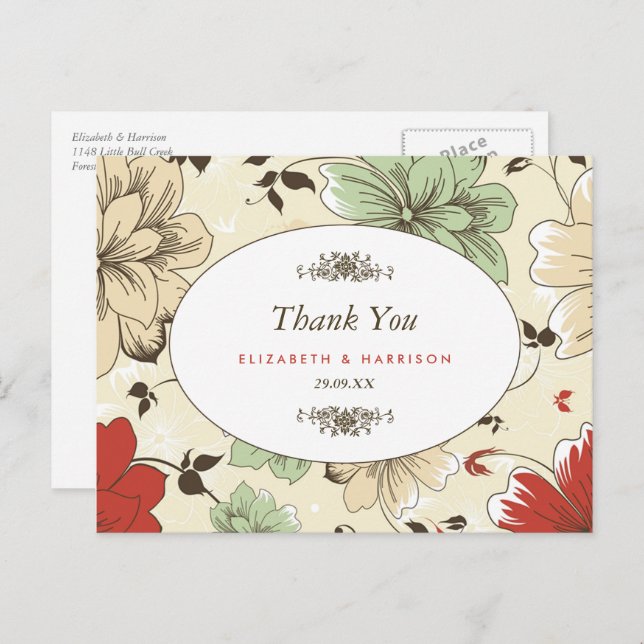 Vintage Chic Floral Wedding Thank You Postcard (Front/Back)