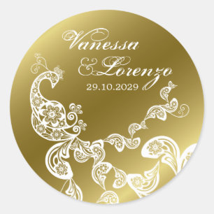 Vintage Chic Floral White Peacock Bohemian Wedding Classic Round Sticker