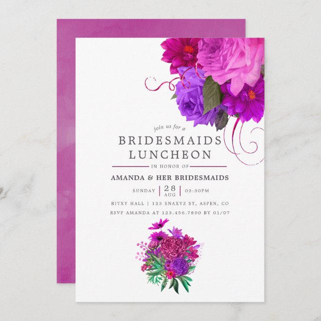 Vintage Chic Fuchsia & Purple Bridesmaids Luncheon Invitation (Front/Back)