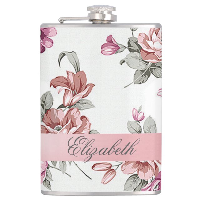 Vintage Chic Girly  Flowers-Personalised Hip Flask (Front)