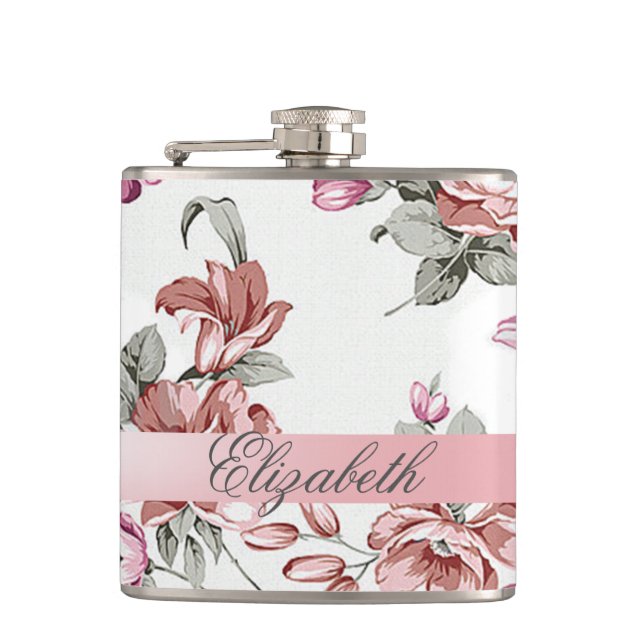 Vintage Chic Girly  Flowers-Personalised Hip Flask (Front)
