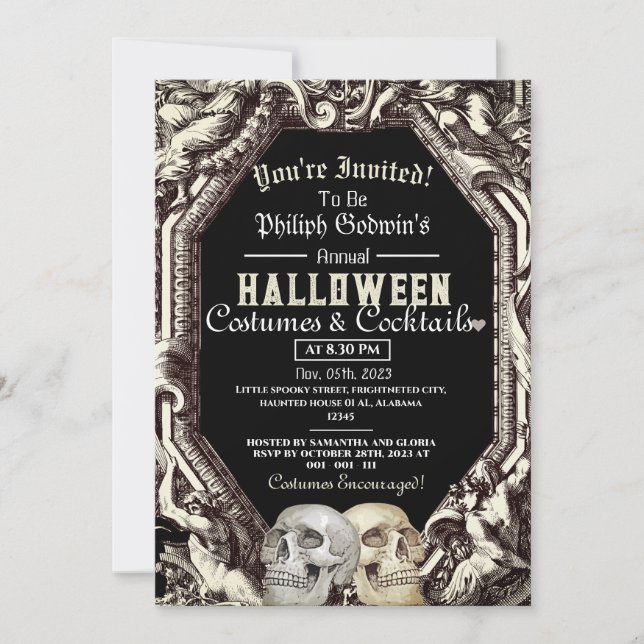 Vintage Chic Gothic Skull Halloween Costume Party Invitation (Front)