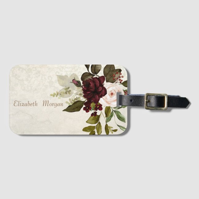 Vintage Chic Lace Burgundy Flowers  Luggage Tag (Front Horizontal)