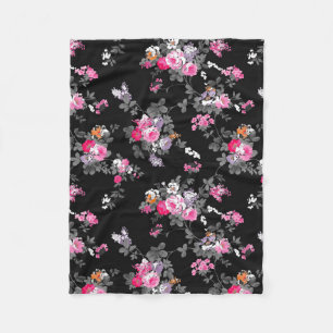 Vintage chic pink grey black flowers pattern fleece blanket