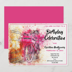 Vintage Chic Pink Watercolor Bicycle Birthday Invitation