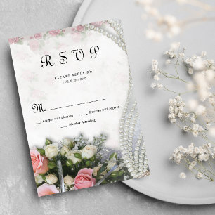 Vintage chic pink white rose floral RSVP Invitation