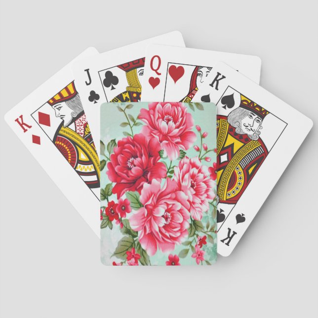 Vintage Chic Red Pink Floral Playing Cards (Back)