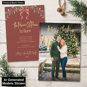Vintage Chic Watercolor Gold Red Christmas Photo Holiday Card