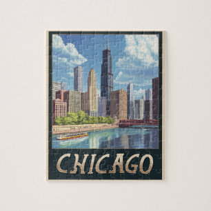 Vintage Chicago City Skyline Jigsaw Puzzle