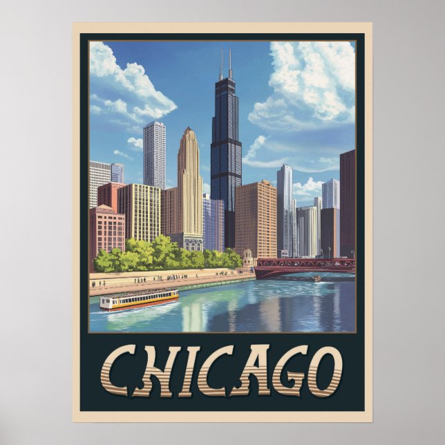 Vintage Chicago City Skyline Poster (Front)