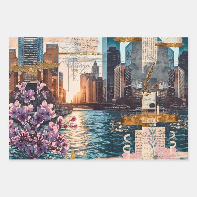 Vintage Chicago Collage Urban Reverie Wrapping Paper Sheet (Front)