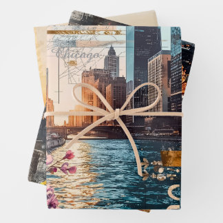 Vintage Chicago Collage Urban Reverie Wrapping Paper Sheet