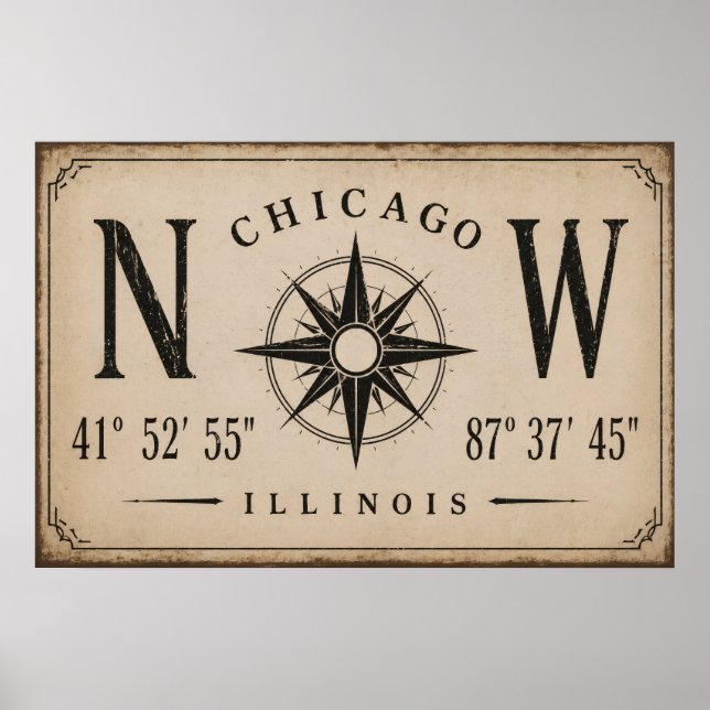 Vintage Chicago Coordinates Wall Art (Front)
