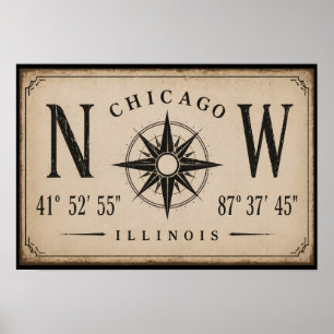 Vintage Chicago Coordinates Wall Art