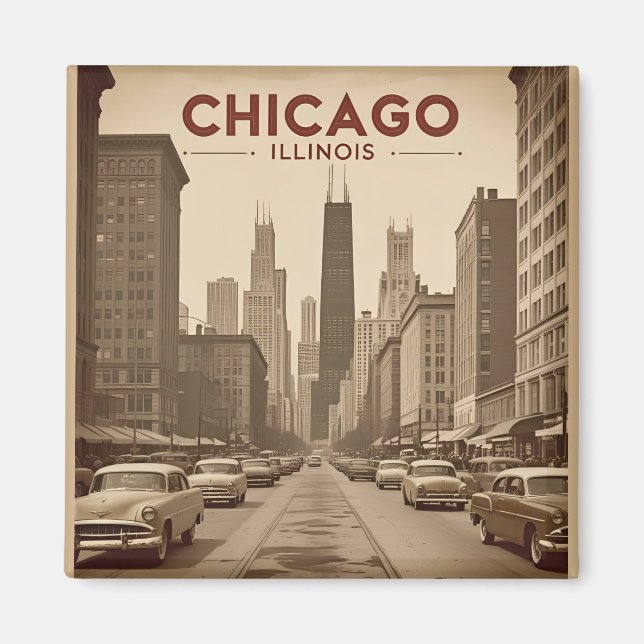 Vintage Chicago Illinois City Skyline Retro Travel Magnet (Front)